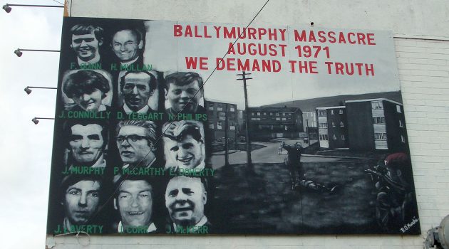 A mural in Belfast, Ireland, commemorating the victims of the Ballymurphy Massacre in 1971, when 11 unarmed civilians were killed by British soldiers.