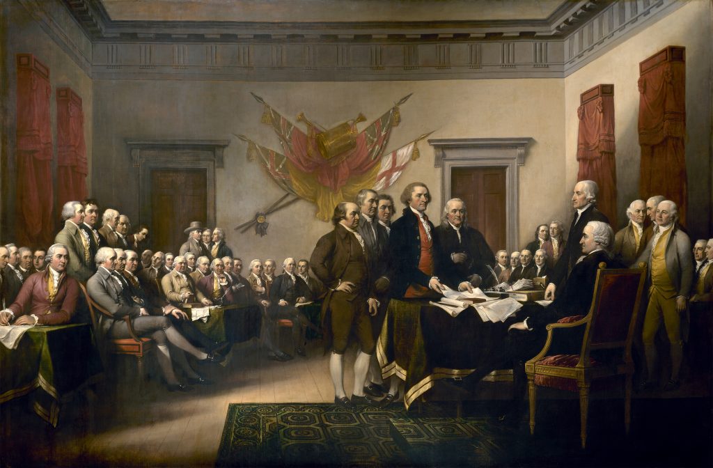 John Trumbull portrayed Thomson standing across the table from the Committee of Five in his 1818 painting Declaration of Independence.