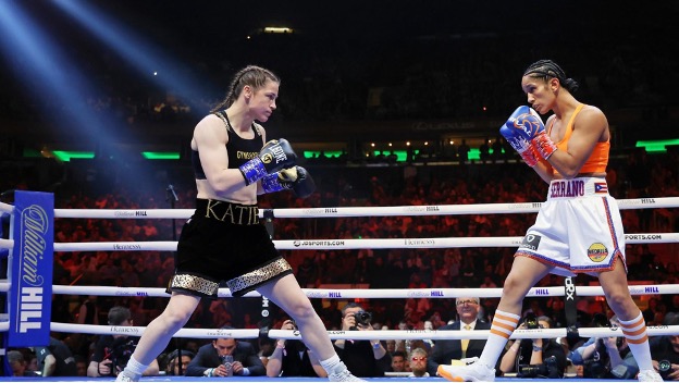 Katie Taylor and Amanda Serrano first met in April 2022 at Madison Square Garden. Photo: Ed Mulholland/Matchroom Boxing