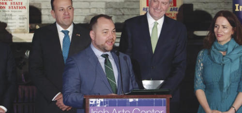 Speaker of New York City Council, Corey Johnson, at the Irish Arts Center. Pictured are Irish Taoiseach Leo Varadkar, Corey, Mayor Bill de Blasio, and Pauline Turley, the center's vice chair. Speaking at the event, which marked a $2.5 million grant from the Irish Government to the center, Johnson said: "The story of this project, in many ways, is the story of Ireland and the story of New York. It's persistent, gritty history of how we moved this project forward."
